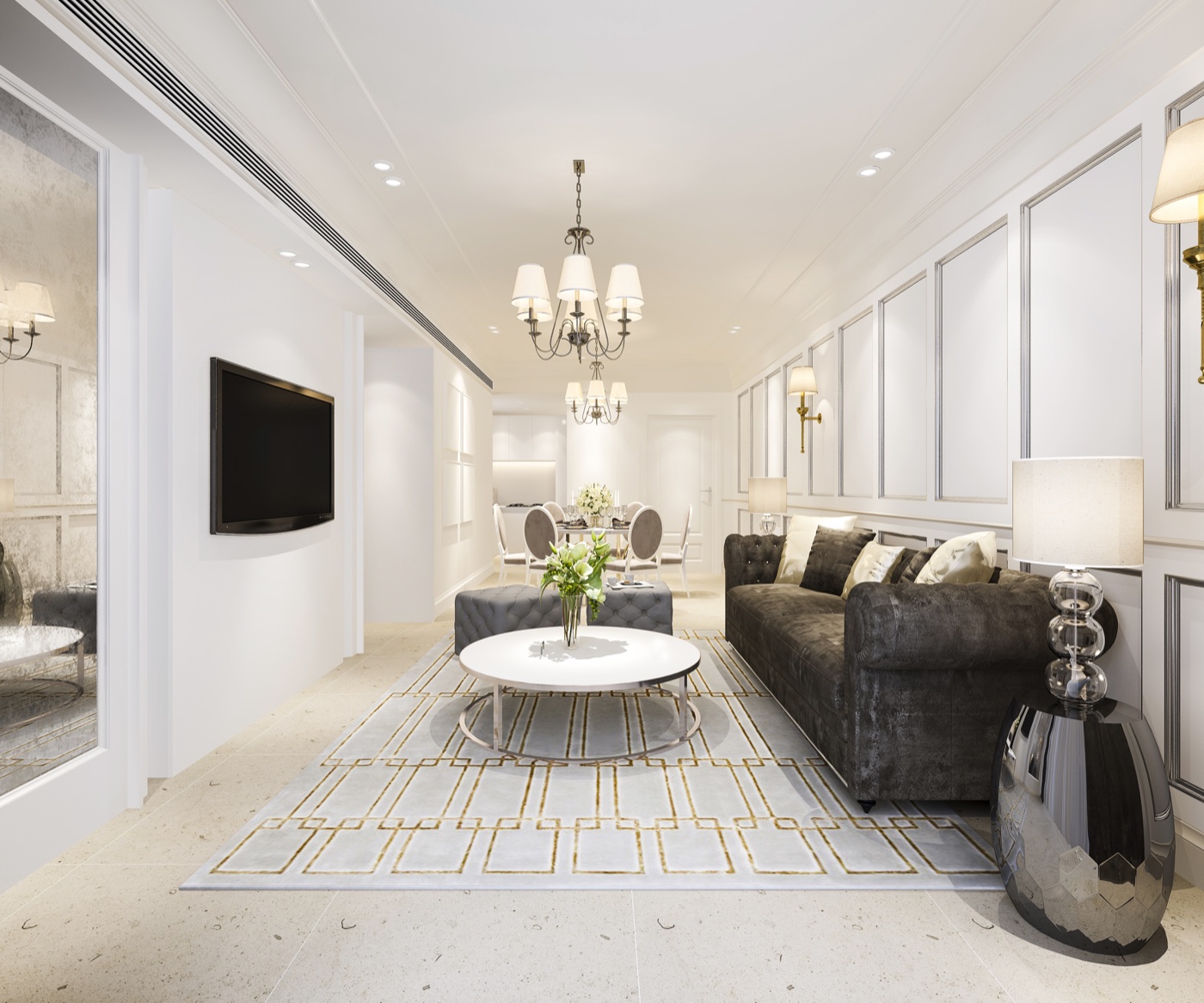 Luxury living and dining room with premium painted walls and detailed finishes