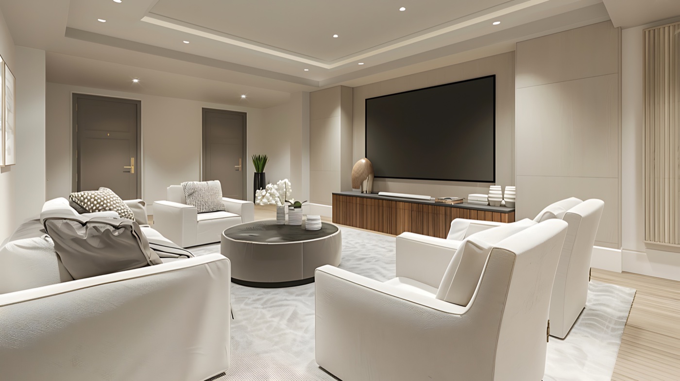 Luxury home theatre with smooth neutral painted walls and ceiling