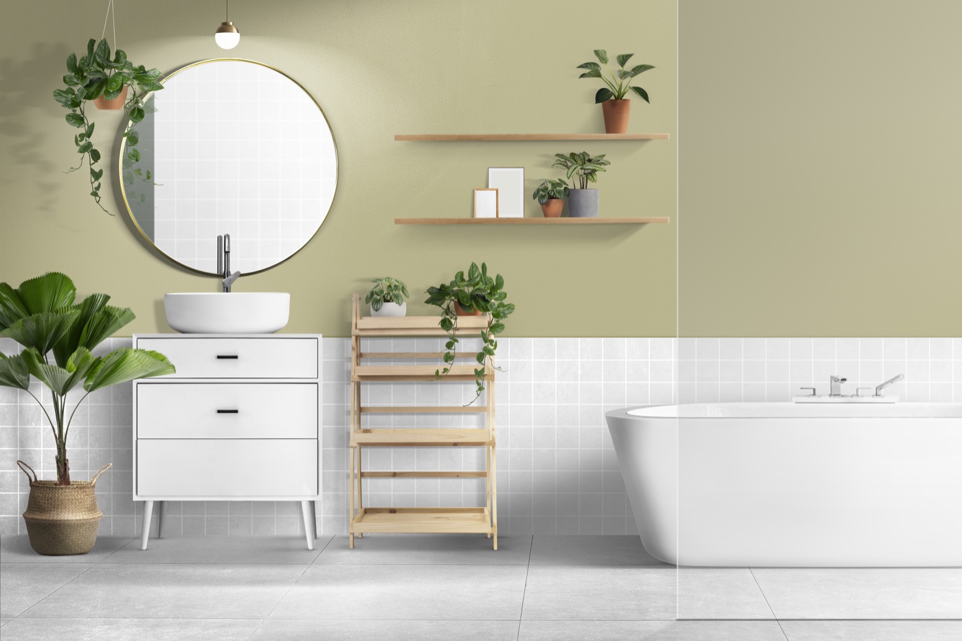 Retro bathroom with a smooth sage green painted feature wall